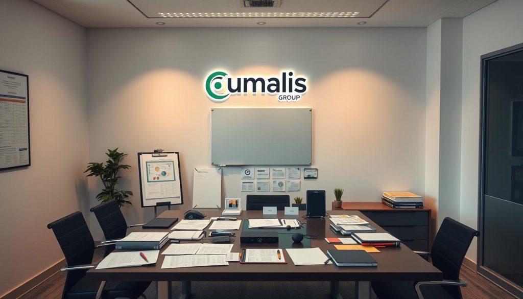 A neatly organized office space, with a central table showcasing an array of crisis management tools and methodologies. On the table, a mix of documents, whiteboards, and digital devices create a workspace that exudes efficiency and strategic planning. Soft, directional lighting casts a warm glow, highlighting the Umalis Group logo prominently displayed on the wall. The atmosphere conveys a sense of professionalism and preparedness, reflecting the expertise of a transition manager in navigating complex crisis situations. A neatly organized office space, with a central table showcasing an array of crisis management tools and methodologies. On the table, a mix of documents, whiteboards, and digital devices create a workspace that exudes efficiency and strategic planning. Soft, directional lighting casts a warm glow, highlighting the Umalis Group logo prominently displayed on the wall. The atmosphere conveys a sense of professionalism and preparedness, reflecting the expertise of a transition manager in navigating complex crisis situations.