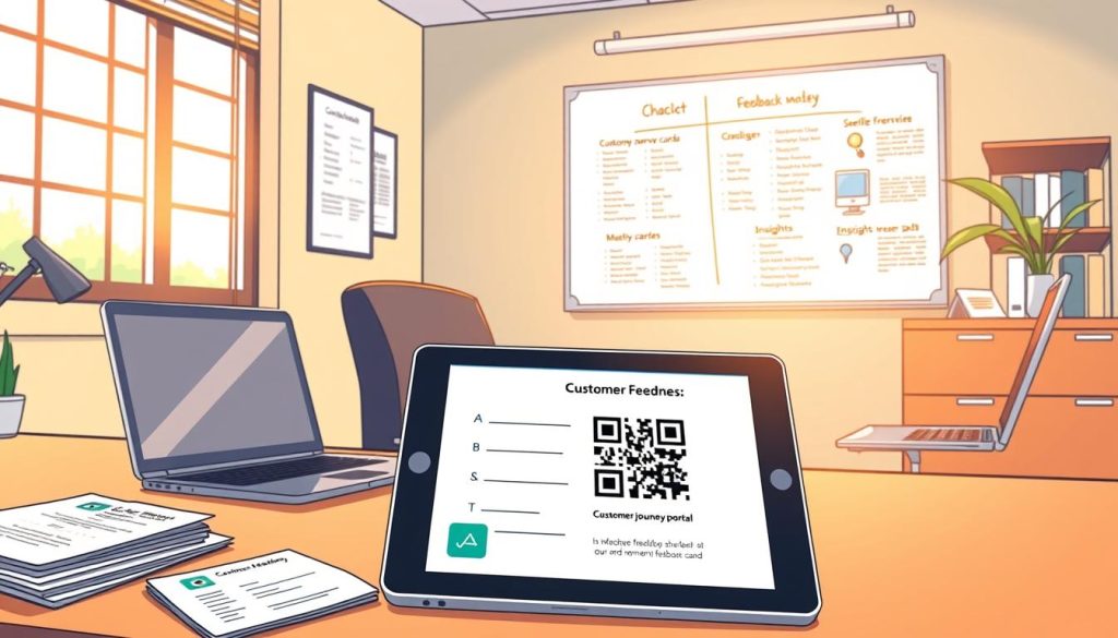 A neatly organized office space with a desk, laptop, and various feedback collection methods prominently displayed. In the foreground, a tablet showcases customer survey forms, feedback cards, and a QR code linking to an online feedback portal. In the middle ground, a whiteboard displays customer journey maps and insights gathered from previous feedback. The background features a large window flooding the scene with warm, natural light, creating a welcoming and professional atmosphere. The overall composition conveys a thoughtful, data-driven approach to collecting and utilizing customer feedback.