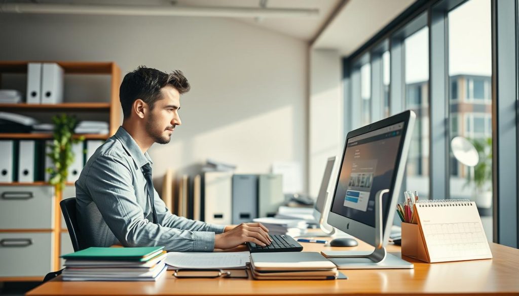 A neatly organized office space with a desktop computer, documents, and office supplies, all bathed in warm, natural lighting. In the foreground, a professional-looking person, dressed in business attire, is diligently working on the computer, symbolizing the streamlined administrative processes of Umalis Group's salarial portage services. The mid-ground features filing cabinets and a calendar, hinting at the simplified management and optimized invoicing of the salarial portage solution. The background showcases a serene, yet modern architectural setting, creating a sense of efficiency and professionalism. A neatly organized office space with a desktop computer, documents, and office supplies, all bathed in warm, natural lighting. In the foreground, a professional-looking person, dressed in business attire, is diligently working on the computer, symbolizing the streamlined administrative processes of Umalis Group's salarial portage services. The mid-ground features filing cabinets and a calendar, hinting at the simplified management and optimized invoicing of the salarial portage solution. The background showcases a serene, yet modern architectural setting, creating a sense of efficiency and professionalism.