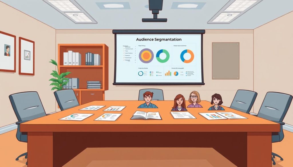 A neatly organized office space with a large projection screen showcasing audience segmentation data visualizations. On the table, various personas are laid out, each with unique attributes and demographics. Soft, directional lighting illuminates the scene, creating a professional and analytical atmosphere. The composition emphasizes the importance of audience understanding, with the screen and personas taking center stage. A sense of strategic planning and decision-making permeates the image, reflecting the need to identify and segment target audiences effectively.