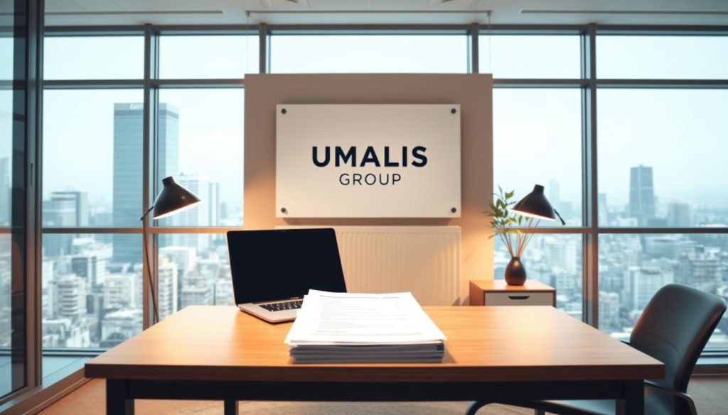 A neatly organized office space with a modern, minimalist design. In the foreground, a desk with a laptop and a stack of legal documents, representing the "cadre légal" of the "portage salarial" process. In the middle ground, a wall-mounted display showcases the UMALIS GROUP brand logo, symbolizing the professional and trusted nature of the service. The background features large windows overlooking a bustling city skyline, conveying a sense of connectivity and opportunity. The lighting is soft and warm, creating a welcoming and productive atmosphere. The overall scene suggests a secure and efficient environment for independent professionals to thrive under the legal framework of the "portage salarial" system.