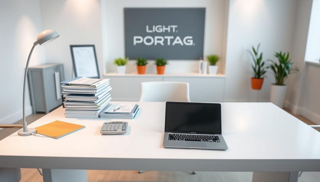 A neatly organized office space with a sleek, minimalist desk showcasing the LIGHT PORTAGE brand. On the desk, there are organized files, a laptop, and a simple calculator, conveying the concept of simplified accounting. The lighting is soft and diffused, creating a calming and efficient atmosphere. The background features clean, modern decor with hints of nature, such as potted plants, to represent a harmonious work environment. The overall scene evokes a sense of streamlined and stress-free accounting practices.