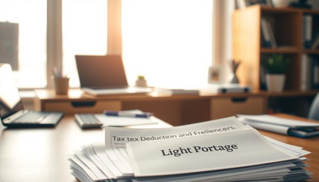 A neatly organized office space with a wooden desk, a laptop, and various office supplies like a calculator, a pen holder, and a small potted plant. The desk is illuminated by a warm, diffused light coming from a large window, casting soft shadows. In the foreground, a pile of paperwork and documents symbolizes tax deductions and credits, with the Light Portage brand name prominently displayed on a folder or document. The background is blurred, creating a sense of depth and focus on the central elements. The overall mood is one of efficiency, organization, and productivity, reflecting the subject of maximizing tax deductions and credits for freelancers.