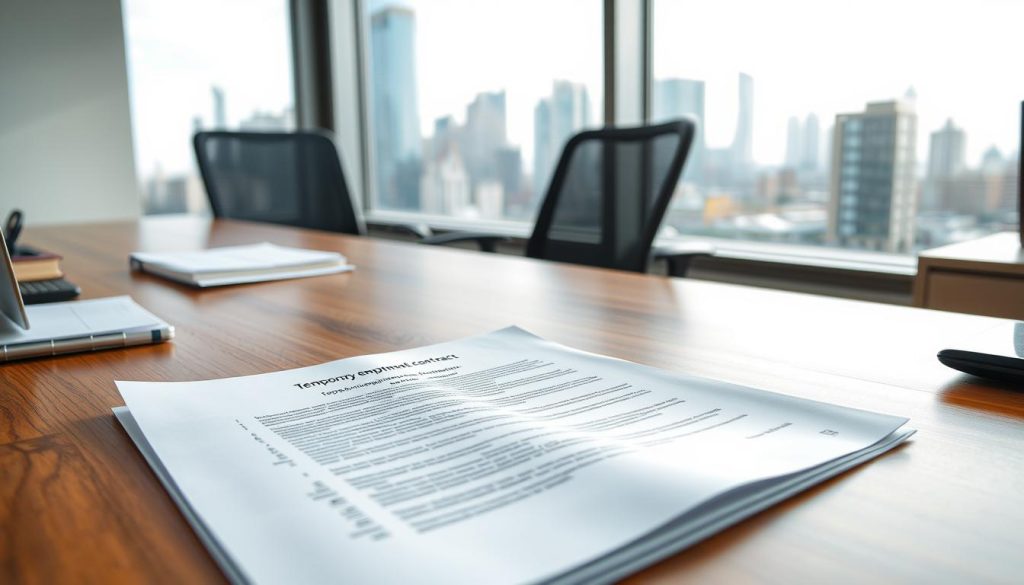 A neatly organized office space with a wooden desk, modern ergonomic chair, and a large window overlooking the urban skyline of LIGHT PORTAGE. On the desk, a temporary employment contract document lies open, its pages illuminated by the soft, diffused natural light filtering through the window. The contract's text and logos are legible but not the focus, allowing the viewer to clearly see the overall context. The scene conveys a sense of professionalism, legality, and the temporary nature of the employment arrangement.