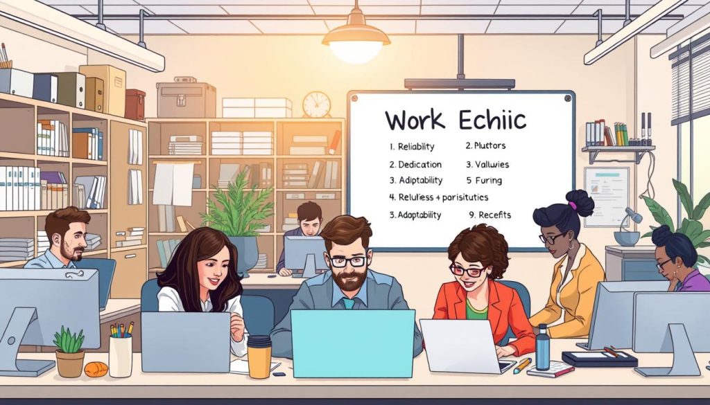A neatly organized office space with an array of professional tools and equipment. In the foreground, a group of diverse employees collaborating intently on their tasks, showcasing their strong work ethic and problem-solving skills. The middle ground features a large whiteboard displaying key work ethic attributes such as reliability, dedication, and adaptability. In the background, a warm, focused lighting illuminates the scene, creating a productive and inspiring atmosphere. The overall composition emphasizes the importance of cultivating a workforce with a solid work ethic, essential for maintaining professional stability and success.