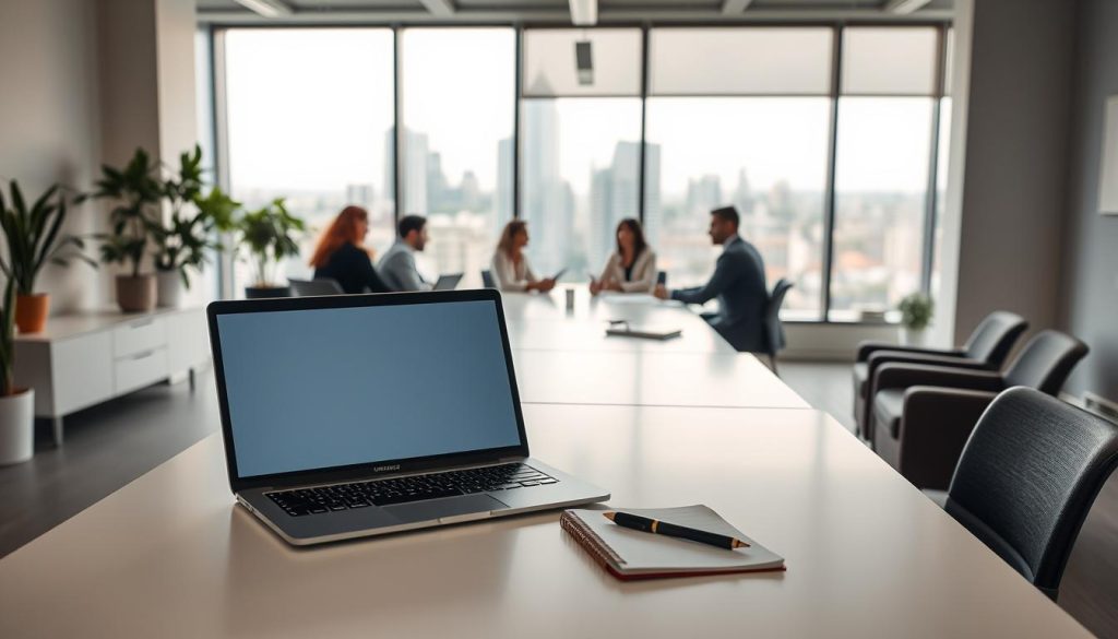 A neatly organized office space with sleek, minimalist furniture and equipment. The scene depicts the "méthodes travail" (work methods) of a modern, efficient business. In the foreground, a laptop, a pen, and a notebook sit on a clean, minimalist desk. In the middle ground, a team of Umalis Group employees collaborate at a conference table, discussing procedures and processes. The background features large windows overlooking a bustling city skyline, creating a sense of productivity and professionalism. The lighting is soft and natural, creating a warm, inviting atmosphere. The overall impression is one of a well-oiled, successful enterprise that values order, efficiency, and attention to detail.