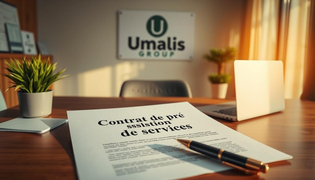 A neatly organized office workspace, bathed in warm, natural lighting. On the desk, a legal document titled "Contrat de Prestation de Services" is carefully laid out, surrounded by a sleek laptop, a stylish pen, and a potted plant. In the background, the Umalis Group logo stands prominently, reflecting the professionalism and expertise of the service provider. The overall scene conveys a sense of efficiency, attention to detail, and a commitment to delivering a comprehensive and effective service contract.