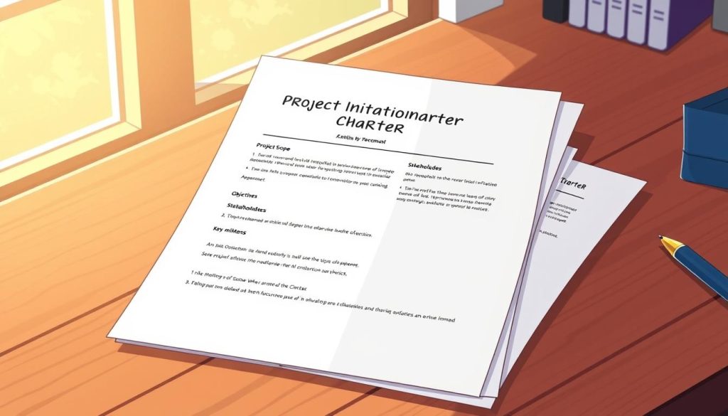 A neatly organized project initiation charter document, its pages laid out on a wooden desk. The charter features a clear title, sections for project scope, objectives, stakeholders, and key milestones, all presented in a clean, professional layout. Warm natural lighting from a window casts a soft glow, complementing the crisp, high-quality paper. The scene conveys a sense of structure, planning, and the start of an important new endeavor.