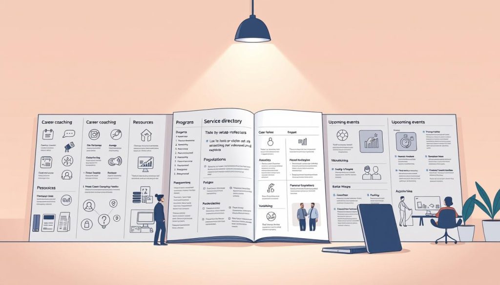 A neatly organized service directory, showcasing an array of programs, resources, and upcoming events for independent professionals. The foreground depicts various icons and illustrations representing different services, such as career coaching, networking opportunities, and educational workshops. The middle ground features a sleek, minimalist directory layout with clean typography and intuitive navigation. In the background, a soft, ethereal gradient creates a sense of warmth and professionalism, complementing the directory's design. Subtle lighting from above casts a gentle glow, highlighting the directory's tactile, high-quality materials. The overall mood is one of efficiency, accessibility, and a commitment to empowering the independent workforce.