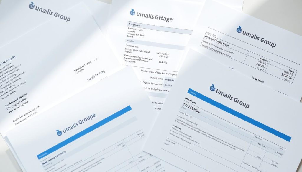 A neatly organized set of documents, invoices, and financial statements, symbolizing the administrative management of a salarial portage arrangement. The documents feature the Umalis Group brand prominently, conveying a professional, well-structured service. Soft, natural lighting illuminates the scene, creating a calm, authoritative atmosphere. The arrangement is shot from a slightly elevated perspective, giving a sense of oversight and control over the financial details. The overall composition is clean, minimalist, and focused, reflecting the precision and care required in managing the deductions and fees involved in salarial portage.