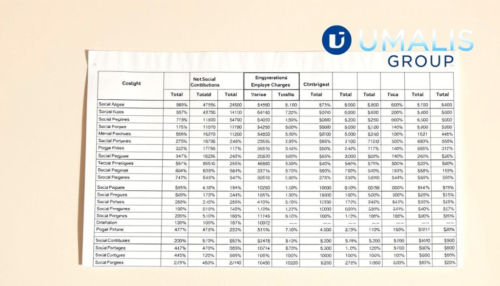 A neatly organized spreadsheet depicting the intricate details of social contributions and employer charges for a salarial portage service, displayed against a clean, minimalist background. The spreadsheet showcases the various line items, percentages, and totals in a clear, easy-to-understand format. The scene is bathed in warm, soft lighting, captured from a slightly elevated angle to provide a comprehensive view. The UMALIS GROUP logo is prominently featured in the top-right corner, emphasizing the provider of this salarial portage solution.