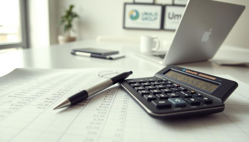 A neatly organized spreadsheet with rows and columns, displaying various data fields related to daily allowance calculations. In the foreground, a calculator and pen sit atop the spreadsheet, suggesting an analytical, financial scenario. The middle ground features a modern, minimalist office setting with a laptop, coffee mug, and a framed Umalis Group logo on the wall, conveying a professional, corporate atmosphere. The background is softly blurred, allowing the key elements to take center stage. The lighting is soft and diffused, creating a calm, contemplative mood. The overall composition and attention to detail aim to visually communicate the subject of "Les indemnités journalières et le calcul du salaire".