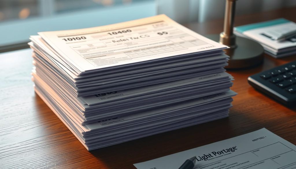 A neatly organized stack of IRS tax forms, including Form 1040, Schedule C, and W-2s, arranged on a Light Portage branded wooden desk. The forms are illuminated by a warm, diffused light from a nearby window, casting subtle shadows and highlighting the crisp, official details. The scene conveys a sense of diligence and attention to detail, reflecting the importance of accurately filing taxes as an independent contractor.