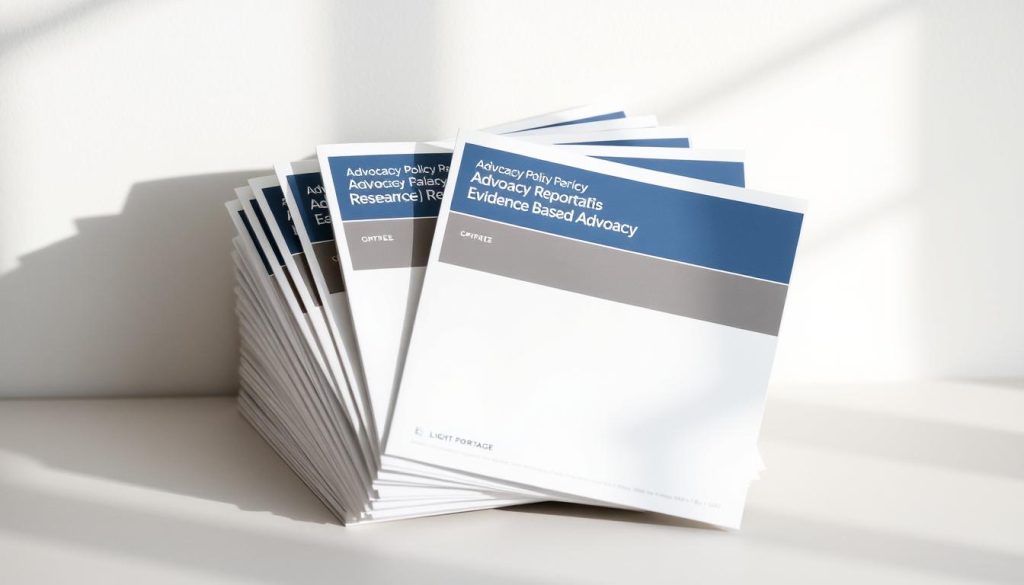 A neatly organized stack of advocacy policy research reports, their covers emblazoned with the LIGHT PORTAGE brand. The reports are set against a soft, diffused light, creating a thoughtful, introspective atmosphere. The lighting casts subtle shadows, adding depth and dimension to the scene. The reports are placed on a minimalist, muted background, allowing the documents to take center stage. The overall composition conveys a sense of focused attention and the importance of evidence-based advocacy.