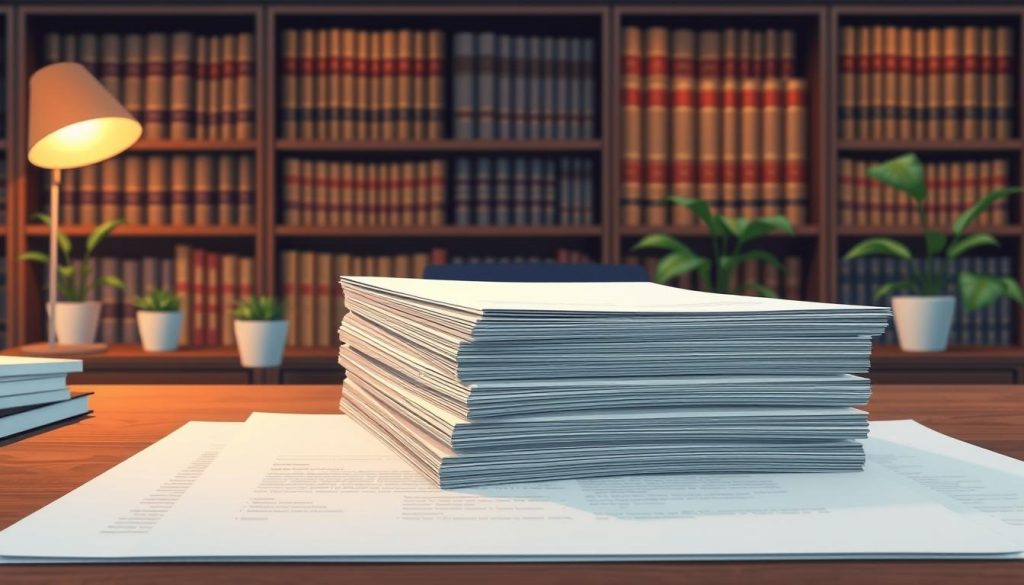 A neatly organized stack of legal contracts on a wooden desk, illuminated by warm, diffused lighting. The contracts are crisp and pristine, conveying a sense of professional formality. In the background, a bookshelf filled with law volumes and a few potted plants add a touch of sophistication. The overall scene evokes an atmosphere of meticulous attention to legal compliance, with a subdued, neutral color palette that emphasizes the importance of the documents. The camera angle is slightly elevated, providing a comprehensive view of the workspace and creating a sense of authority and attention to detail.