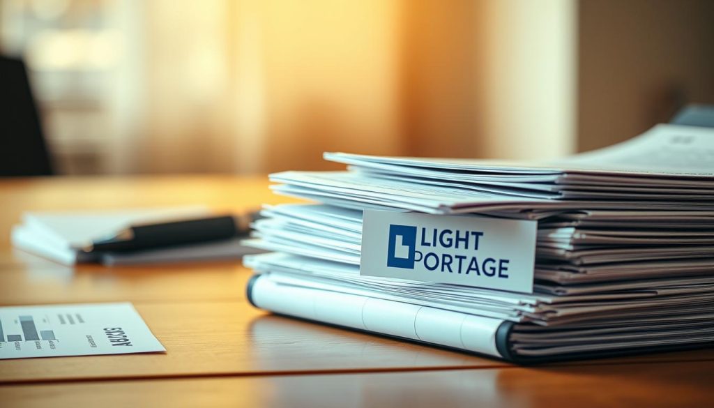A neatly organized stack of official tax documents and forms, meticulously arranged on a wooden table under warm, diffused lighting. The "LIGHT PORTAGE" logo prominently displayed on one of the folders, hinting at the brand's expertise in financial matters. The scene exudes a sense of order and professionalism, reflecting the focus and care required for a successful freelance tax declaration.