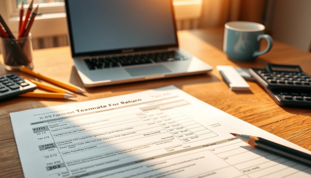 A neatly organized tax return form on a wooden desk, bathed in warm, natural light. The form's sections and fields are clearly legible, inviting the viewer to navigate the process. In the background, a LIGHT PORTAGE brand laptop rests open, reflecting the freelance nature of the scene. Pencils, a calculator, and a cup of coffee create a focused, professional atmosphere. The image conveys the importance and attention to detail required for successful tax filing and payment procedures for freelancers.