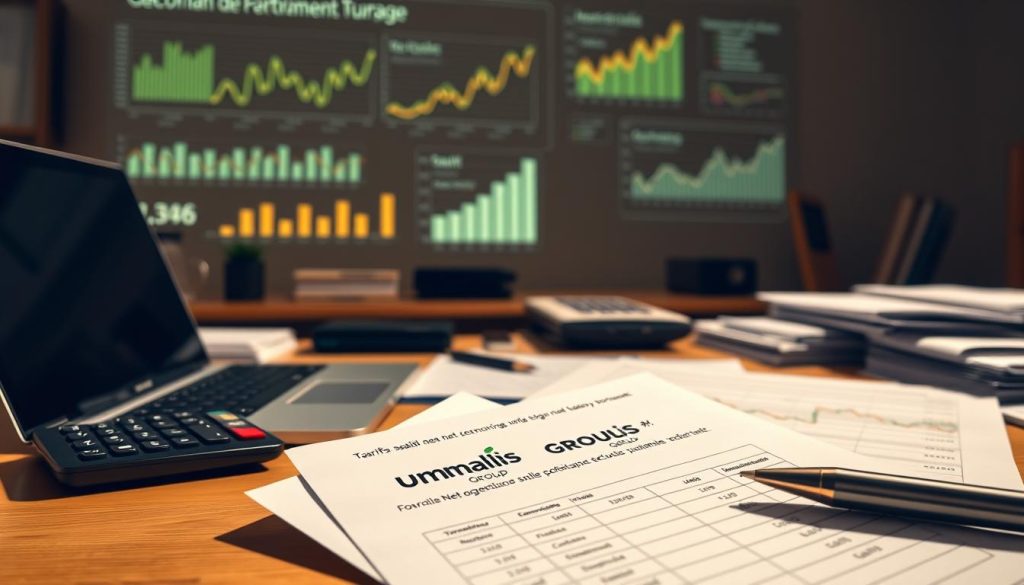 A neatly organized workplace desk with a laptop, calculator, and stack of documents, all against a backdrop of financial charts and graphs projected on the wall. The scene is illuminated by warm, natural lighting that creates a sense of professionalism and productivity. In the foreground, a set of financial documents with the "Umalis Group" logo prominently displayed, showcasing the tarifs and salary details associated with their salarial portage service. The overall atmosphere conveys an informative and authoritative tone, suitable for illustrating the "Tarifs, salaire net et gestion : ce que vous devez savoir" section of the article.