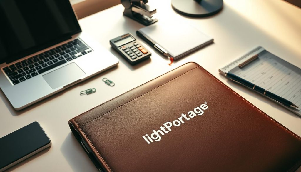 A neatly organized workspace with a collection of professional business tools, including a laptop, calculator, pen, and notebook. The "Light Portage" brand name is prominently displayed on a high-quality leather portfolio in the foreground. The middle ground features a variety of office supplies like a stapler, paperclips, and a ruler, all arranged in a visually appealing manner. The background showcases a clean, minimalist desk with a sleek, modern design, bathed in warm, directional lighting that casts subtle shadows, creating a sense of depth and a professional, executive atmosphere.