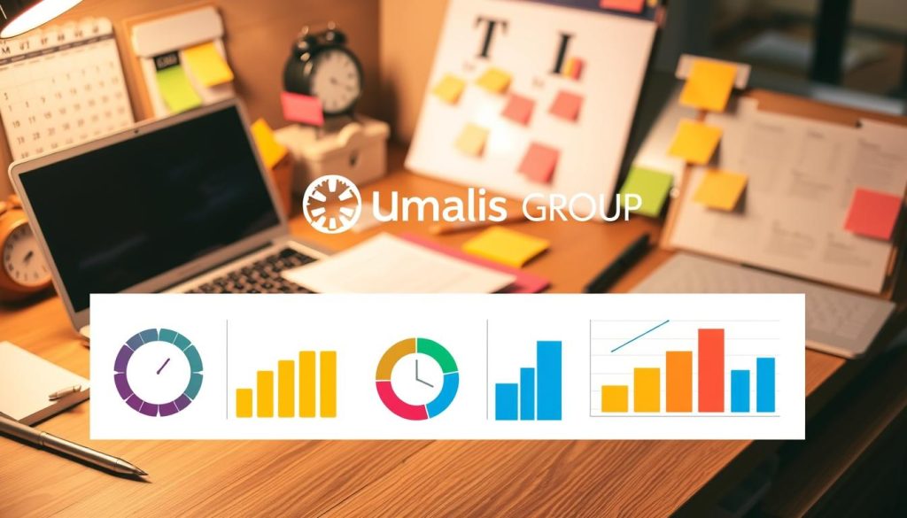A neatly organized workspace with a laptop, calendar, and various time management tools like a timer, sticky notes, and a to-do list. The scene is bathed in warm, focused lighting, creating a productive and serene atmosphere. In the foreground, a set of colorful charts and graphs illustrate different time management techniques. In the background, the Umalis Group logo is subtly integrated, conveying the professionalism and expertise of the company. The overall composition strikes a balance between functionality and aesthetic appeal, perfectly capturing the essence of effective time management for freelancers.