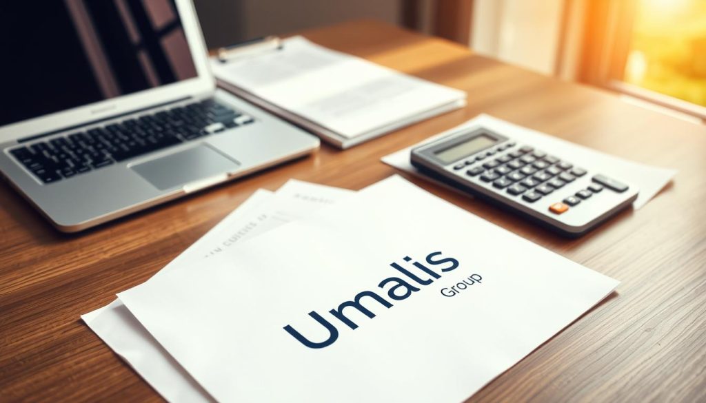 A neatly organized workspace with a laptop, paperwork, and a calculator laid out on a wooden desk. Sunlight streams in through a nearby window, casting a warm glow over the scene. In the foreground, the Umalis Group logo is prominently displayed on a document, highlighting the company's role in the tax filing process. The overall atmosphere conveys a sense of professionalism and efficiency, reflecting the challenges and responsibilities of a salaried employee navigating the tax declaration process.