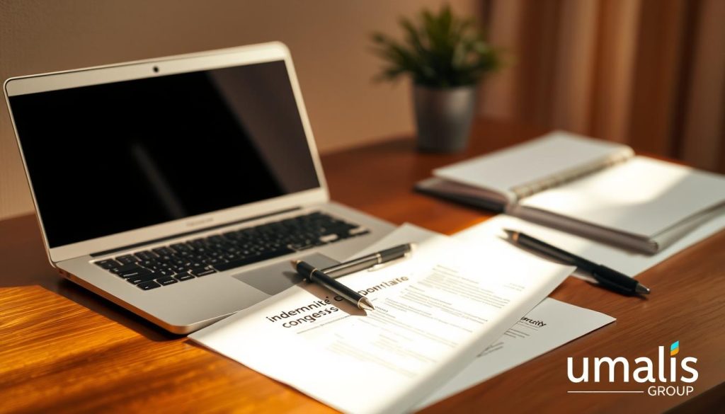 A neatly organized workspace with a laptop, pen, and paperwork depicting "indemnité compensatrice congés" (compensatory leave indemnity) against a soft, neutral background. The scene is illuminated by warm, natural lighting, captured with a shallow depth of field to emphasize the key details. The overall mood is professional and informative, reflecting the practical, case-study nature of the article section. In the bottom right corner, the Umalis Group logo discreetly appears.