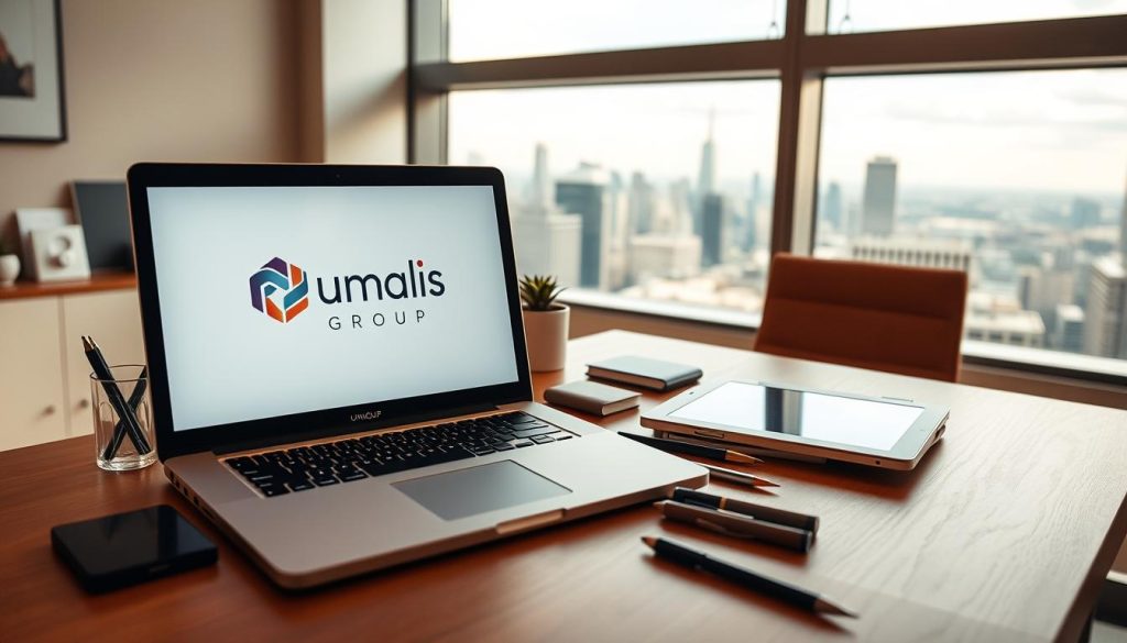 A neatly organized workspace with a laptop, tablet, and various office supplies on a wooden desk. The Umalis Group logo is displayed prominently on the laptop screen. Soft, warm lighting casts a cozy glow over the scene, creating a productive and inviting atmosphere. In the background, a cityscape is visible through a large window, hinting at the scale and success of the email marketing campaigns. The overall composition conveys a sense of professionalism, attention to detail, and a focus on tracking and analyzing the performance of email marketing efforts.
