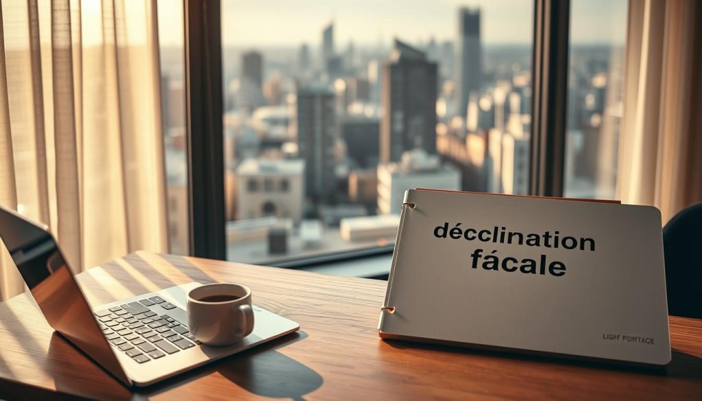 A neatly organized workspace with a modern, minimalist aesthetic. In the foreground, a sleek laptop and a cup of coffee sit atop a wooden desk, casting soft shadows. In the middle ground, a LIGHT PORTAGE brand document folder prominently displays "déclaration fiscale" written in a clean, professional font. The background features a large window overlooking a bustling city skyline, bathed in warm, golden light filtering through sheer curtains. The overall scene conveys a sense of productivity, organization, and a well-thought-out approach to personal finance.