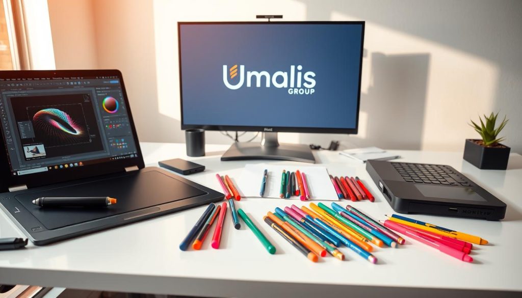 A neatly organized workspace with various graphic design software tools laid out on a clean, minimalist desk. In the foreground, a high-end graphics tablet and stylus, alongside a sleek, state-of-the-art laptop displaying a design interface. In the middle ground, an array of vibrant, color-coded markers, pens, and pencils, as well as a physical sketchpad, evoking a hybrid digital-analog workflow. In the background, a large, high-resolution monitor displaying the Umalis Group logo, showcasing the tools of the trade for a professional graphic designer. The scene is bathed in warm, natural lighting, creating a serene and productive atmosphere.