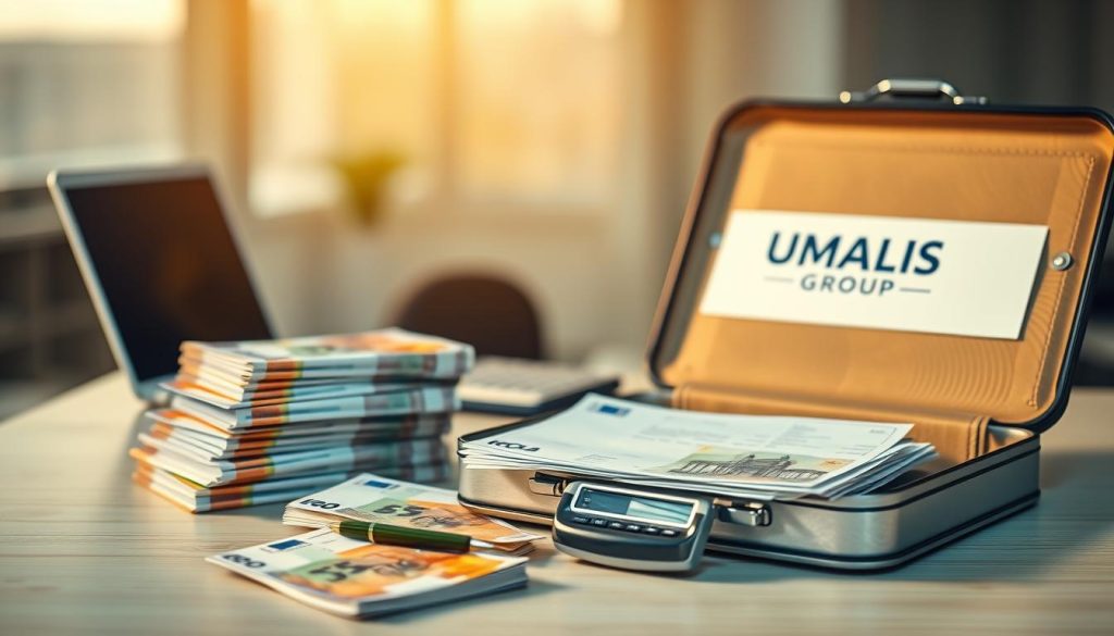 A neatly stacked pile of euro banknotes and government-issued unemployment benefit documents, illuminated by soft, warm lighting. In the foreground, a briefcase with the "UMALIS GROUP" logo sits open, revealing organized paperwork. The middle ground features a modern, minimalist office desk with a laptop, calculator, and pen. The background is a blurred, professional setting, suggesting a financial institution or government agency. The overall mood is one of order, organization, and the interplay between employment and unemployment benefits.