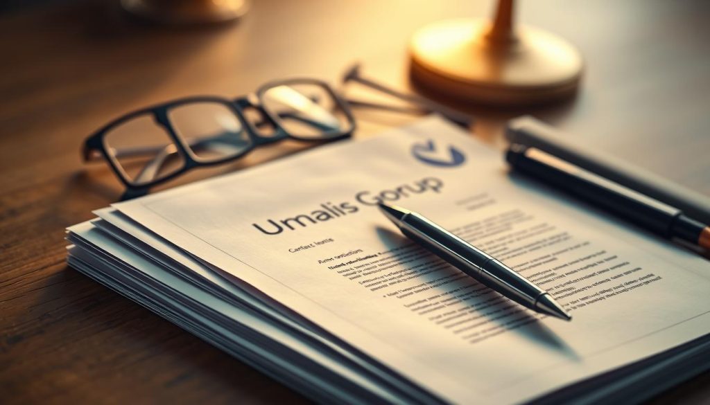 A neatly stacked pile of legal documents, their pages adorned with the Umalis Group logo, casting a warm glow under the soft lighting of a wooden desk. In the foreground, a pen rests atop the documents, its metallic finish gleaming, symbolizing the act of carefully drafting and reviewing the essential contractual clauses. The middle ground features a pair of reading glasses, their frames reflecting the document's content, hinting at the meticulous attention required. The background showcases a subtle pattern of legal symbols, subtly emphasizing the importance of the legal framework. The overall scene conveys a sense of professionalism, attention to detail, and the gravity of the "clauses contractuelles essentielles" within the consultant contract.