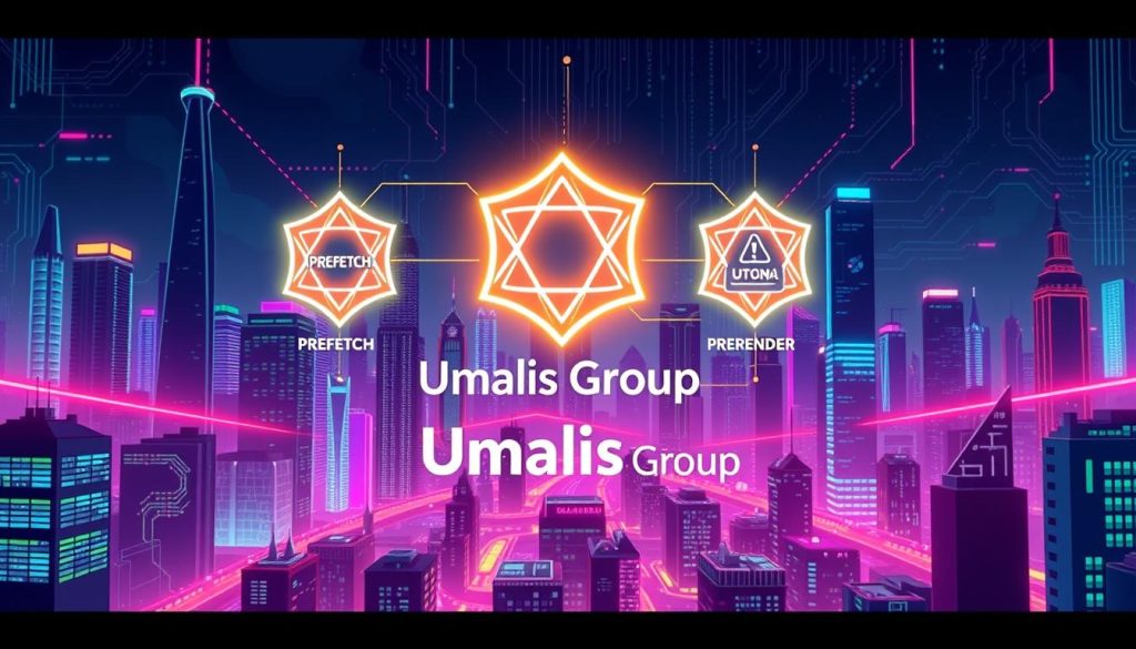 A neon-soaked cityscape at night, with towering skyscrapers and a futuristic atmosphere. In the foreground, a trio of interconnected icons representing the "Prefetch, Preconnect, and Prerender" website optimization techniques, glowing with an ethereal, cyberpunk-inspired energy. The middle ground features a stylized rendering of the "Umalis Group" brand, its bold typography and geometric design elements seamlessly integrated into the scene. In the background, a kaleidoscopic array of data streams, digital patterns, and abstract technological motifs, creating a visually captivating and technically-inspired landscape. A neon-soaked cityscape at night, with towering skyscrapers and a futuristic atmosphere. In the foreground, a trio of interconnected icons representing the "Prefetch, Preconnect, and Prerender" website optimization techniques, glowing with an ethereal, cyberpunk-inspired energy. The middle ground features a stylized rendering of the "Umalis Group" brand, its bold typography and geometric design elements seamlessly integrated into the scene. In the background, a kaleidoscopic array of data streams, digital patterns, and abstract technological motifs, creating a visually captivating and technically-inspired landscape.