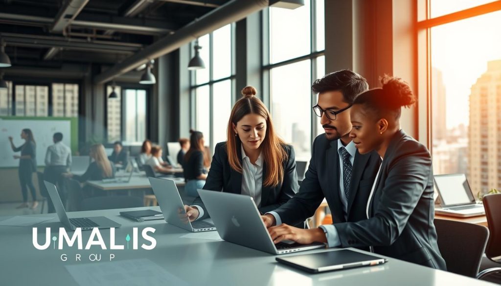 A network of diverse freelance professionals collaborating in a vibrant office space, showcasing their engagement and determination. In the foreground, a group of three individuals, dressed in professional business attire, are discussing strategies over a large table filled with laptops and documents. In the middle ground, other freelancers are focused on their workstations, some on video calls, while others are brainstorming on whiteboards, emphasizing a dynamic work environment. The background features a cityscape view through large windows, bathed in warm natural light, creating a productive and inspiring atmosphere. Subtle branding elements like the "UMALIS GROUP" logo can be integrated into the office decor. The overall mood conveys professionalism, collaboration, and clarity in choosing the right freelance management service.
