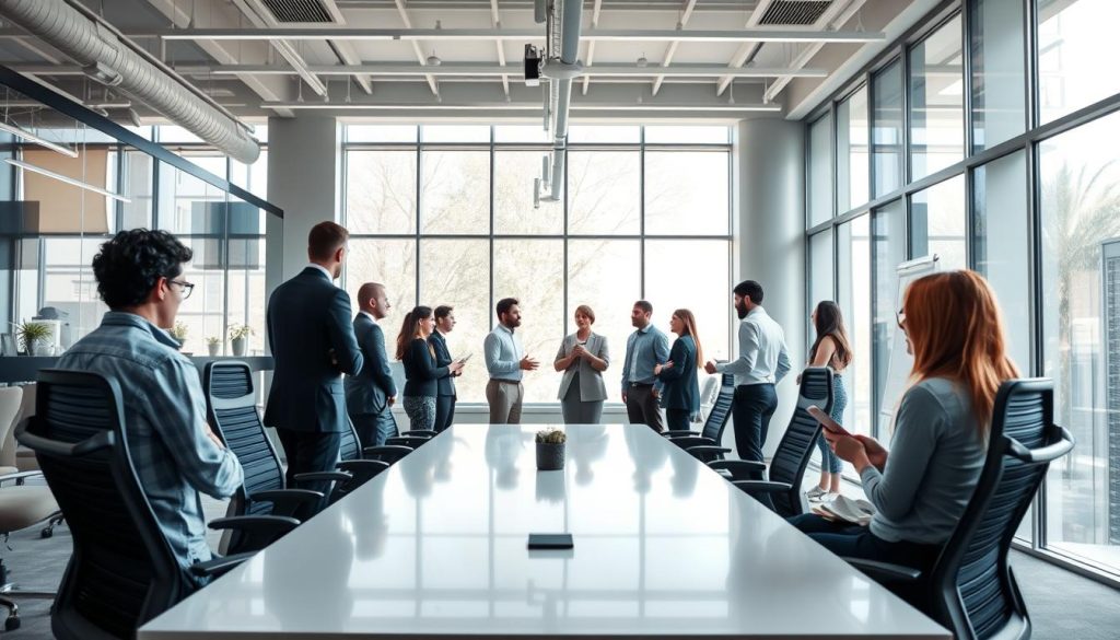 A network of professional consultants gathered in an airy, modern office setting. The scene features a large conference table in the foreground, surrounded by ergonomic chairs and a minimalist decor. In the middle ground, several consultants are engaged in animated discussions, their body language conveying collaboration and problem-solving. The background showcases floor-to-ceiling windows, allowing natural light to flood the space and create a sense of openness and transparency. The overall atmosphere evokes a dynamic, innovative, and connected work environment for the Umalis Group's consulting network.