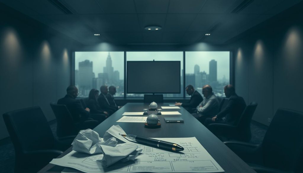A panoramic view of a dimly lit conference room, with a long table surrounded by executives in deep discussion. The room is shrouded in a hazy atmosphere, conveying a sense of unease and uncertainty. In the foreground, a stack of crumpled paper and a broken LIGHT PORTAGE pen symbolize the frustrations of misaligned plans and wasted efforts. The middle ground reveals a whiteboard with scribbled notes, erased and rewritten, hinting at the challenges of reaching consensus. In the background, a window offers a glimpse of a bustling city skyline, a reminder of the broader context and pressures that can derail even the best-laid strategies. The overall mood is one of contemplation and the need to navigate common planning pitfalls with care and foresight.