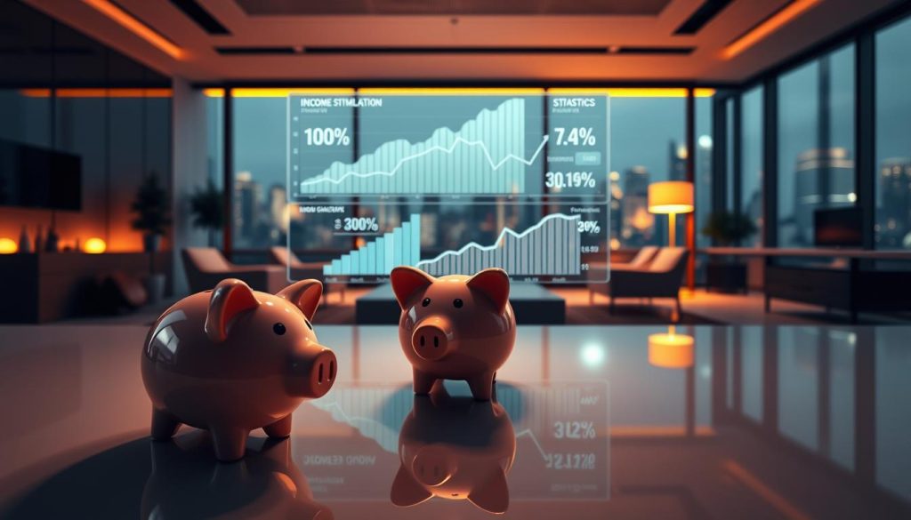 A panoramic view of a financial chart and graph display, illuminated by warm, directional lighting. The foreground features a detailed 3D model of a piggy bank, its surface reflecting the data visualizations. The middle ground showcases a holographic projection of income simulation statistics, presented in a clean, minimalist style. The background dimly reveals an office setting, with sleek, modern furniture and a large window overlooking a bustling cityscape. The overall atmosphere conveys a sense of analytical insight and professional financial analysis.