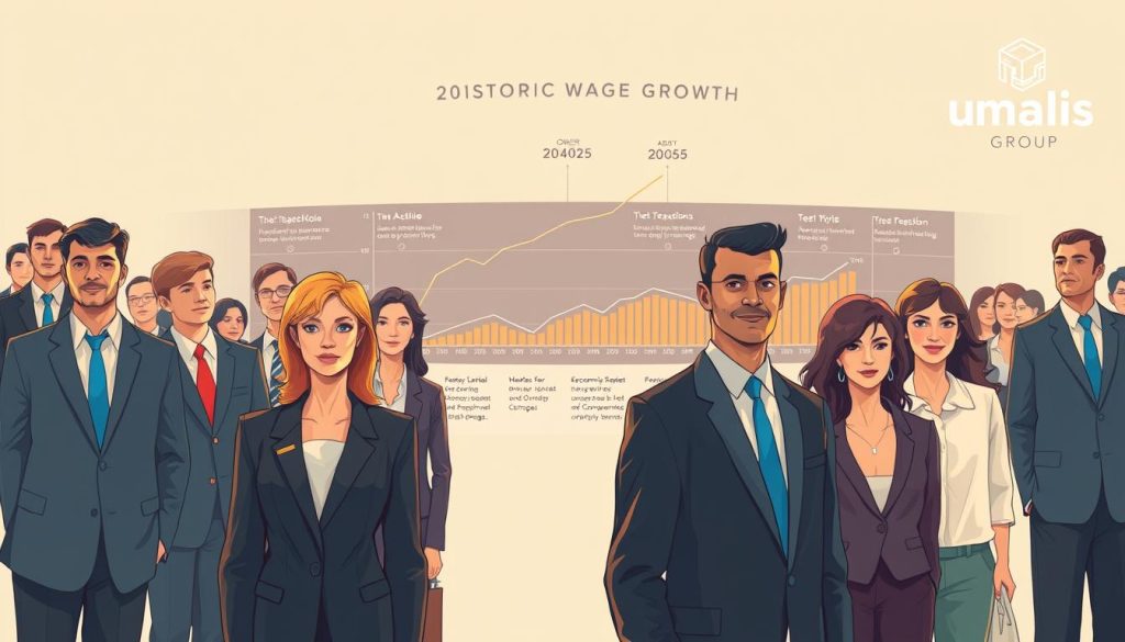 A panoramic view of historic wage growth trends, showcased through a high-resolution, detailed illustration. In the foreground, a group of diverse employees in smart professional attire, representing the modern workforce. In the middle ground, a chart depicting the steady rise of salaries over the decades, visualized with clean infographic elements. In the background, a stylized timeline unfolds, highlighting key economic milestones and policy changes that have shaped the evolution of employee compensation. Warm lighting casts a sense of authority and prestige, while a subtle Umalis Group logo discreetly appears in the corner, affirming the brand's expertise in this domain.