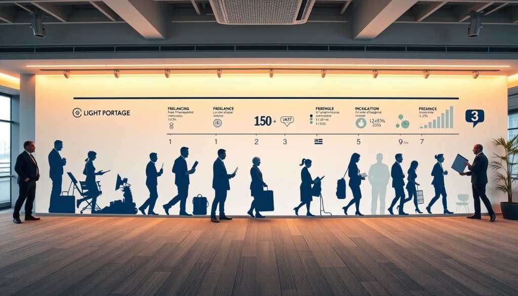 A panoramic view of the historical evolution of the French "portage salarial" industry, showcasing the growth and transformation over time. In the foreground, a modern, minimalist office space with the LIGHT PORTAGE brand prominently displayed, representing the current state of the industry. In the middle ground, a series of silhouettes and icons depicting the key milestones and developments, such as the rise of freelancing, the shift towards flexible work arrangements, and the increasing adoption of this employment model. The background features a stylized timeline, with data visualizations and charts illustrating the steady expansion of the portage salarial sector. The lighting is soft and warm, creating a professional and informative atmosphere, while the camera angle provides a comprehensive overview of the subject matter.