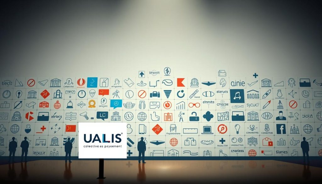 A panoramic view of various collective labor agreements gathered in a cohesive visual representation. In the foreground, the UMALIS GROUP logo stands prominently, symbolizing its integral role in the French professional landscape. The middle ground showcases a diverse array of industry-specific collective conventions, each represented by distinct icons and color palettes. The background subtly depicts the diverse sectors of the French economy, from manufacturing to services, all united under the banner of collective bargaining. The lighting is soft and diffused, creating a sense of harmony and professionalism. The overall composition conveys the breadth and importance of collective labor agreements in shaping the French professional world.