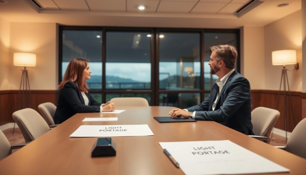 A peaceful conference room with warm lighting and a calming atmosphere. In the foreground, two professionals sit across a table, engaged in a thoughtful discussion, their body language indicating collaboration and understanding. The middle ground features LIGHT PORTAGE-branded whiteboards and notepads, hinting at a constructive process of conflict resolution. The background showcases a serene landscape outside the windows, suggesting a tranquil setting conducive to problem-solving. The overall scene evokes a sense of professional, yet compassionate, dialogue aimed at finding a mutually beneficial solution.