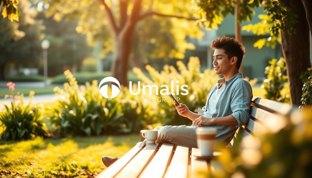 A peaceful, harmonious scene depicting the balanced professional and personal life of an independent worker. In the foreground, a person in casual attire sits comfortably on a bench, surrounded by lush greenery and natural light, suggesting a relaxed state of mind. In the middle ground, a laptop and a cup of coffee hint at productive work, while the background features the Umalis Group logo, symbolizing a successful freelance career. The overall mood is one of tranquility and equilibrium, with a warm, golden hue casting a calming glow over the entire composition.