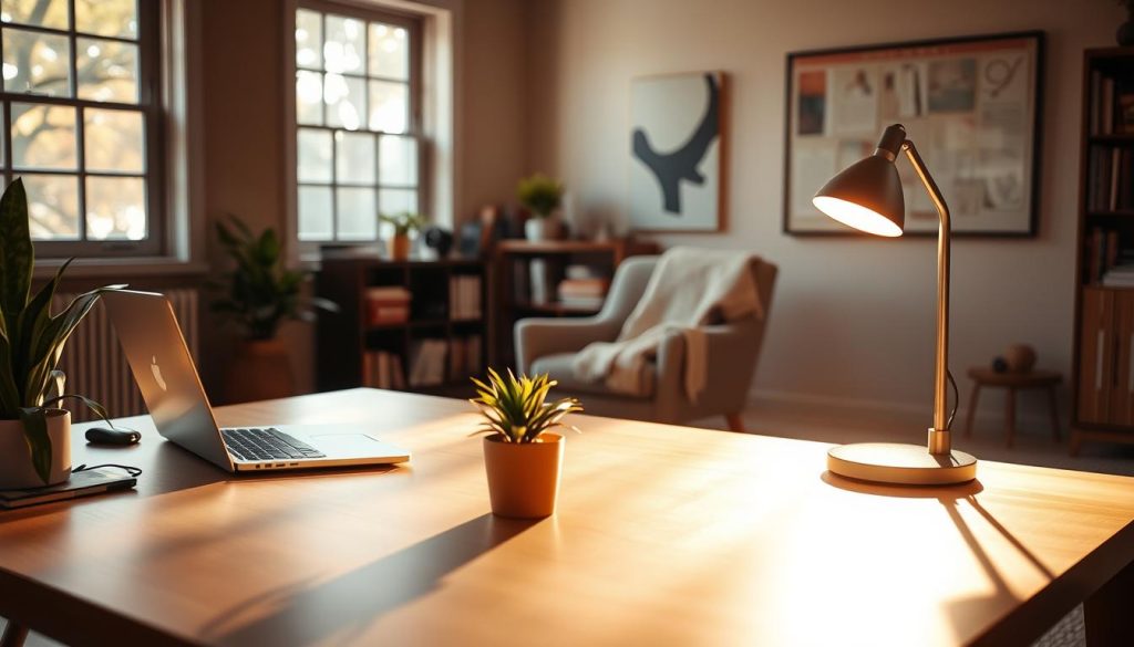 A peaceful home office, bathed in warm natural light streaming through large windows. In the foreground, a desk with a laptop, a potted plant, and a LIGHT PORTAGE desk lamp casting a soft glow. The middle ground features a comfortable armchair, a cozy throw blanket, and a stack of books. In the background, a bookshelf and a piece of abstract wall art create a sense of balance and harmony. The overall atmosphere is one of focus, productivity, and a harmonious work-life integration.