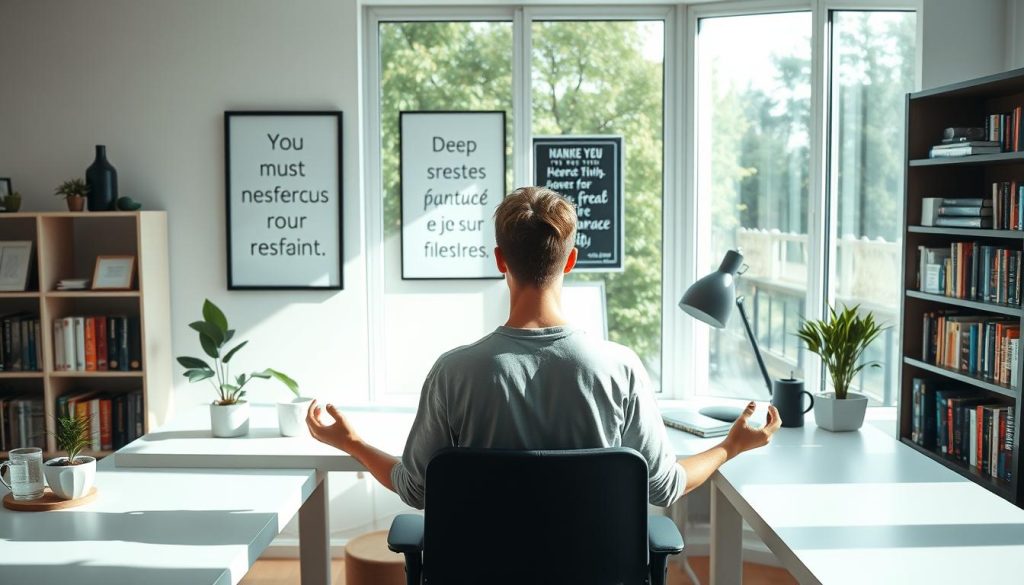A peaceful home office setting, flooded with natural light from large windows. In the foreground, a freelancer sitting at a clean, minimalist desk, performing relaxation techniques such as deep breathing and mindfulness. On the desk, a mug of herbal tea and a small plant add a sense of tranquility. The middle ground features motivational artwork and framed inspirational quotes on the walls, creating an uplifting atmosphere. In the background, a bookshelf with titles on stress management and productivity, hinting at the freelancer's dedication to their well-being. The overall scene radiates a sense of balance and focus, reflecting the "Techniques concrètes pour réduire le stress et rester concentré" section. Umalis Group.