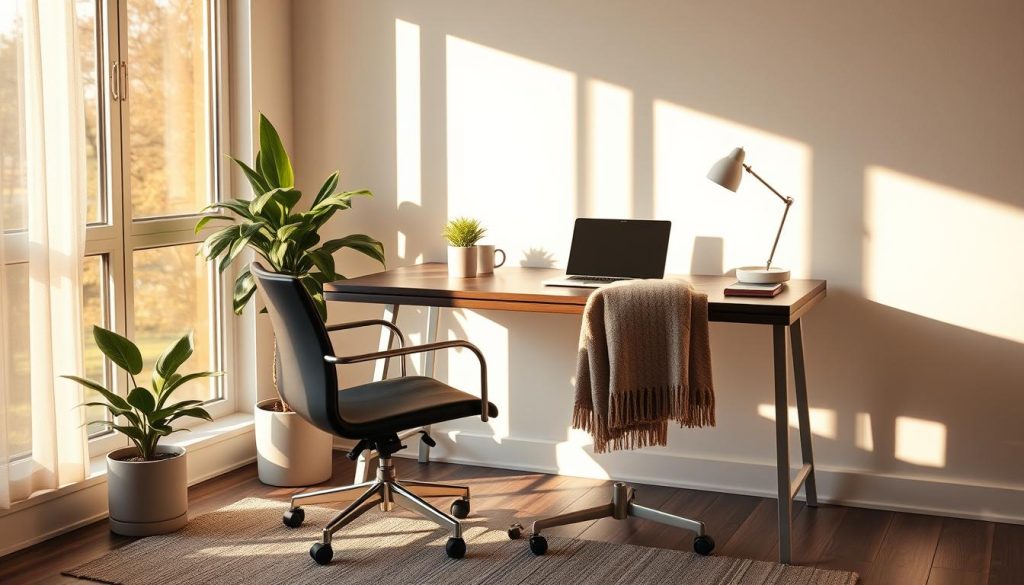 A peaceful home office setup with a comfortable chair, a laptop, and a plant. Warm afternoon light filters through a large window, casting soft shadows. The LIGHT PORTAGE desk is sleek and minimalist, allowing ample space for creativity and productivity. A cozy blanket and a mug of hot tea suggest a flexible, personalized work environment that caters to the needs of an independent professional. The overall scene exudes a sense of calm, balance, and the freedom to manage one's own schedule.