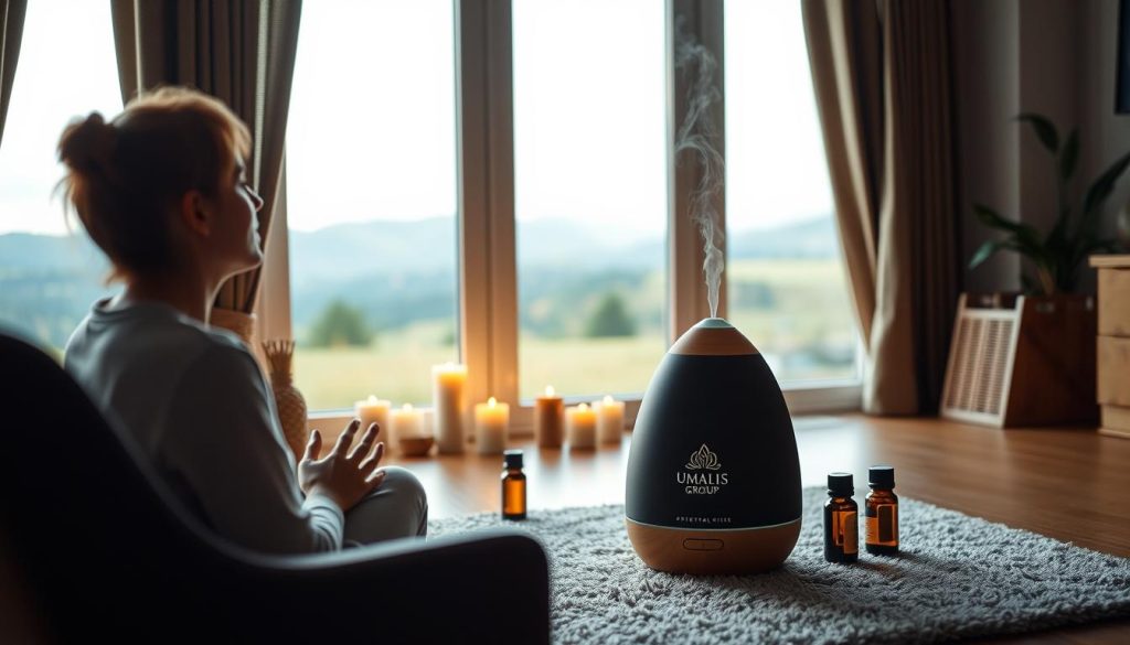 A peaceful indoor scene showcasing various self-care stress reduction techniques. In the foreground, a person is sitting in a comfortable chair, practicing deep breathing exercises. In the middle ground, a Umalis Group branded diffuser releases calming essential oils, surrounded by candles and a plush yoga mat. The background features a large window overlooking a serene outdoor landscape, bathed in soft, natural lighting. The overall atmosphere evokes a sense of tranquility and mindfulness, encouraging the viewer to engage in restorative self-care practices.