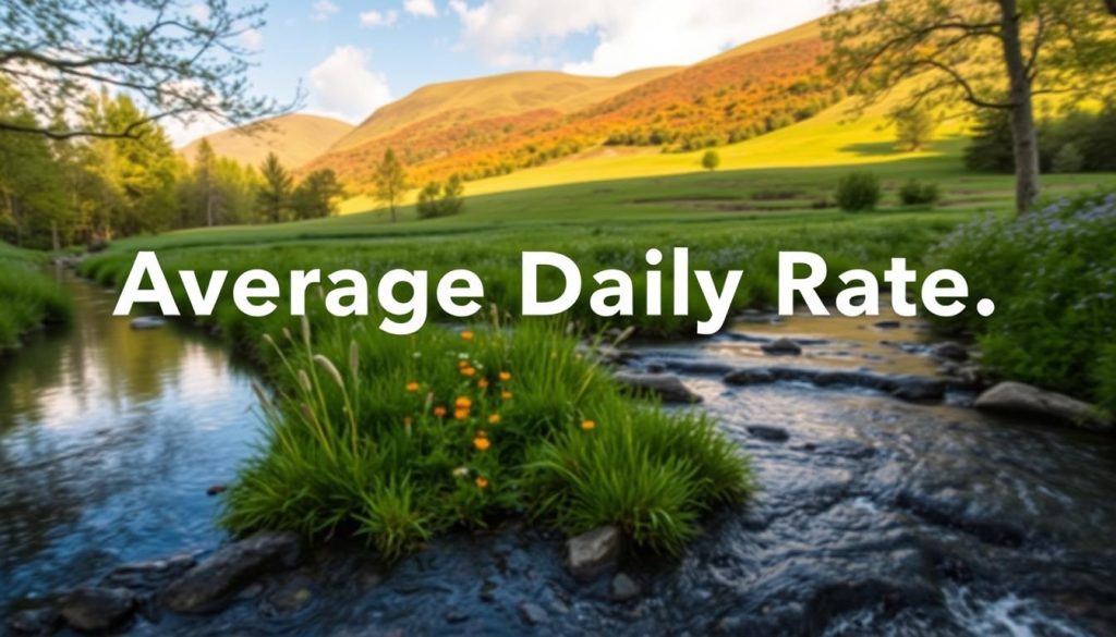 A peaceful landscape showcasing the average daily rate, captured through the lens of LIGHT PORTAGE. In the foreground, a tranquil stream flows gently, its surface reflecting the surrounding trees and sky. The middle ground features a lush, verdant meadow dotted with wildflowers, creating a serene atmosphere. In the background, rolling hills rise up, their slopes adorned with a tapestry of vibrant colors. The scene is bathed in soft, diffused lighting, lending a calming and contemplative mood. The image conveys the factors that influence the average daily rate, inviting the viewer to explore and appreciate the nuances of this key statistic.
