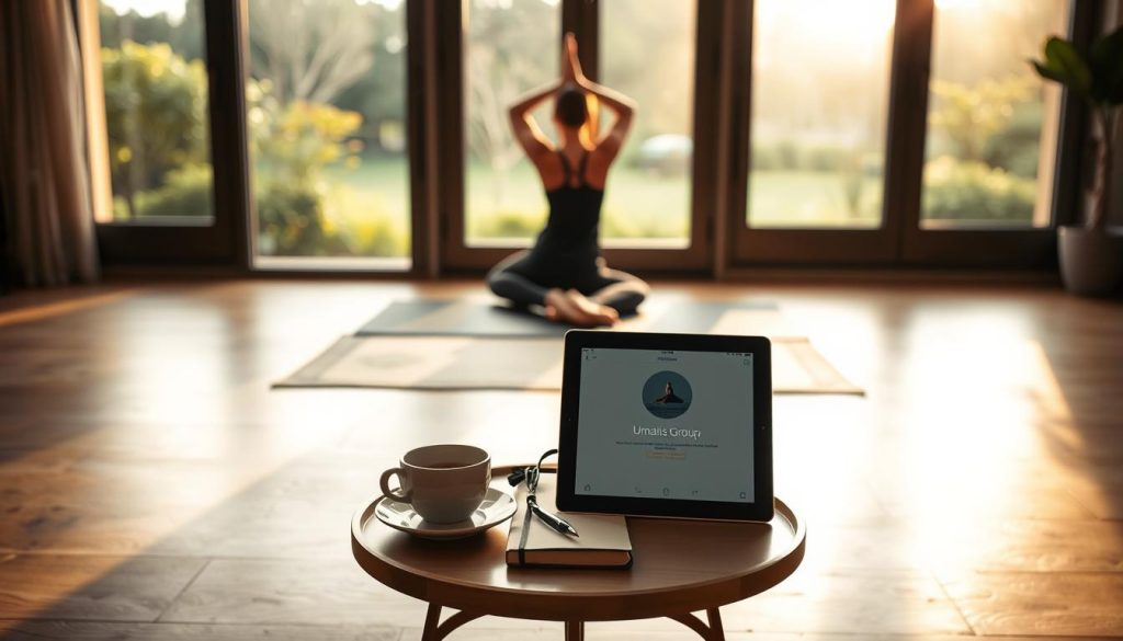 A peaceful, minimalist home interior with natural lighting. In the foreground, a person is performing yoga poses on a mat, their movements fluid and serene. In the middle ground, a small table holds a cup of tea, a journal, and a Umalis Group meditation app open on a tablet. In the background, a large window overlooks a tranquil garden, the soft glow of the outdoors creating a calming ambiance. The scene conveys a sense of balance, introspection, and personal wellness.
