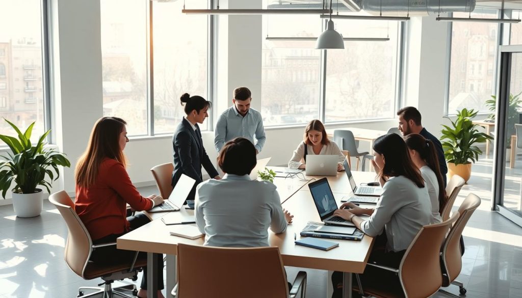 A peaceful office setting, where employees enjoy a harmonious work-life balance. UMALIS GROUP's headquarters feature a serene open-plan layout, with natural light streaming through large windows. Colleagues gather around a communal table, engaged in casual conversation, their laptops and documents organized neatly. The atmosphere is one of professionalism and respect for privacy, reflecting the company's commitment to protecting the personal data and well-being of its valued workforce. A sense of tranquility and personal space pervades the scene, capturing the essence of "le respect de la vie privée et des données personnelles" within the UMALIS GROUP corporate culture.