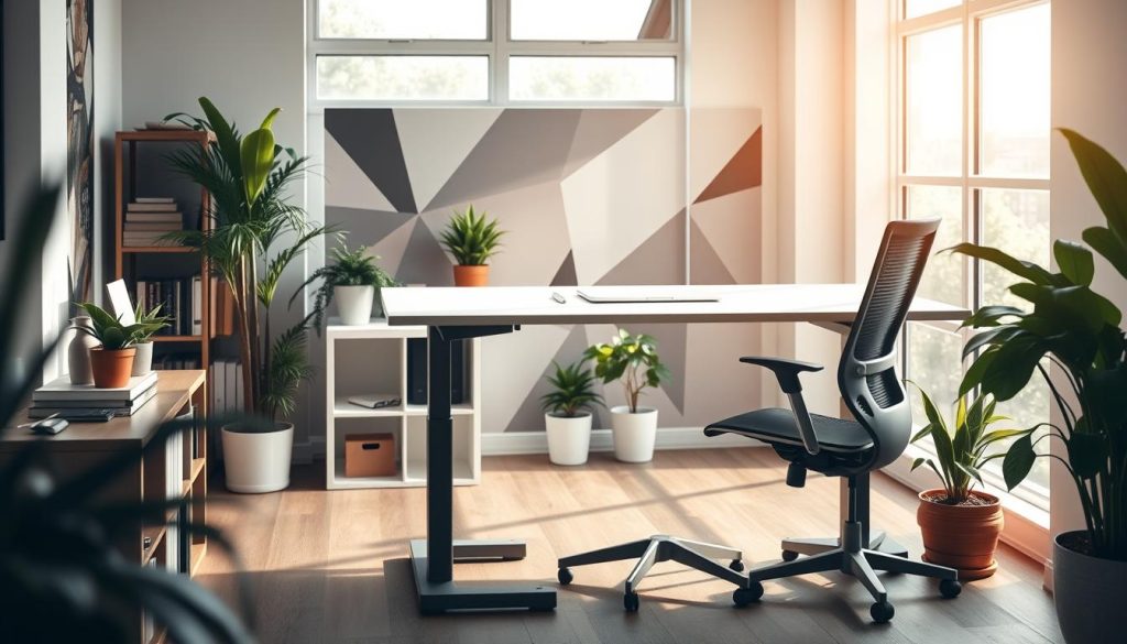 A peaceful office setting with natural light streaming through large windows, illuminating a cozy workspace. In the foreground, a LIGHT PORTAGE standing desk and ergonomic chair create a comfortable, productive environment. Bookshelves and potted plants in the middle ground suggest a balanced, thoughtful approach to work. The background features an abstract geometric mural, hinting at the harmonious integration of professional and personal spheres. The overall mood is one of calm focus and harmony, reflecting the sought-after state of work-life integration.