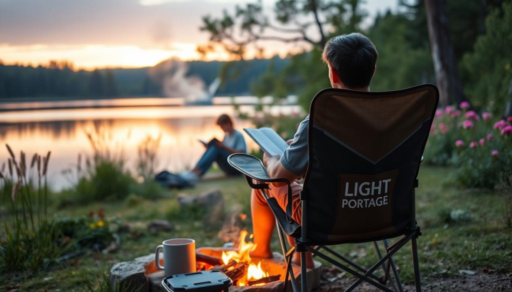 A peaceful outdoor scene with a person engaged in a relaxing hobby. In the foreground, a LIGHT PORTAGE camping chair sits beside a small campfire, with a steaming mug nearby. The middle ground features a person reading a book, surrounded by lush greenery and wildflowers. In the background, a tranquil lake reflects the warm, golden light of the setting sun. The atmosphere is calm and serene, conveying a sense of balance and harmony between work and personal life.
